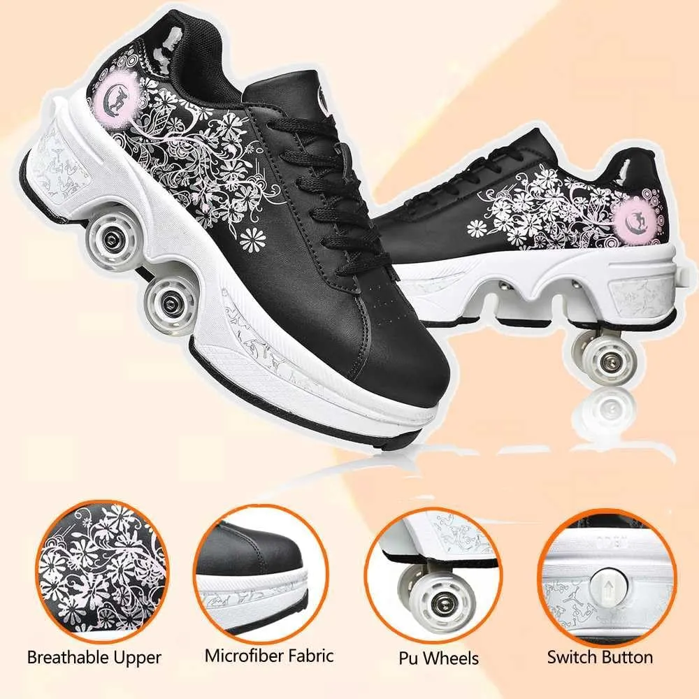 2-in-1 Women's Retractable Roller Skate Shoes, Adjustable Roller Skates Design, Four-Wheeled Invisible Roller Shoes for Outdoor Sports and Automatic Walking