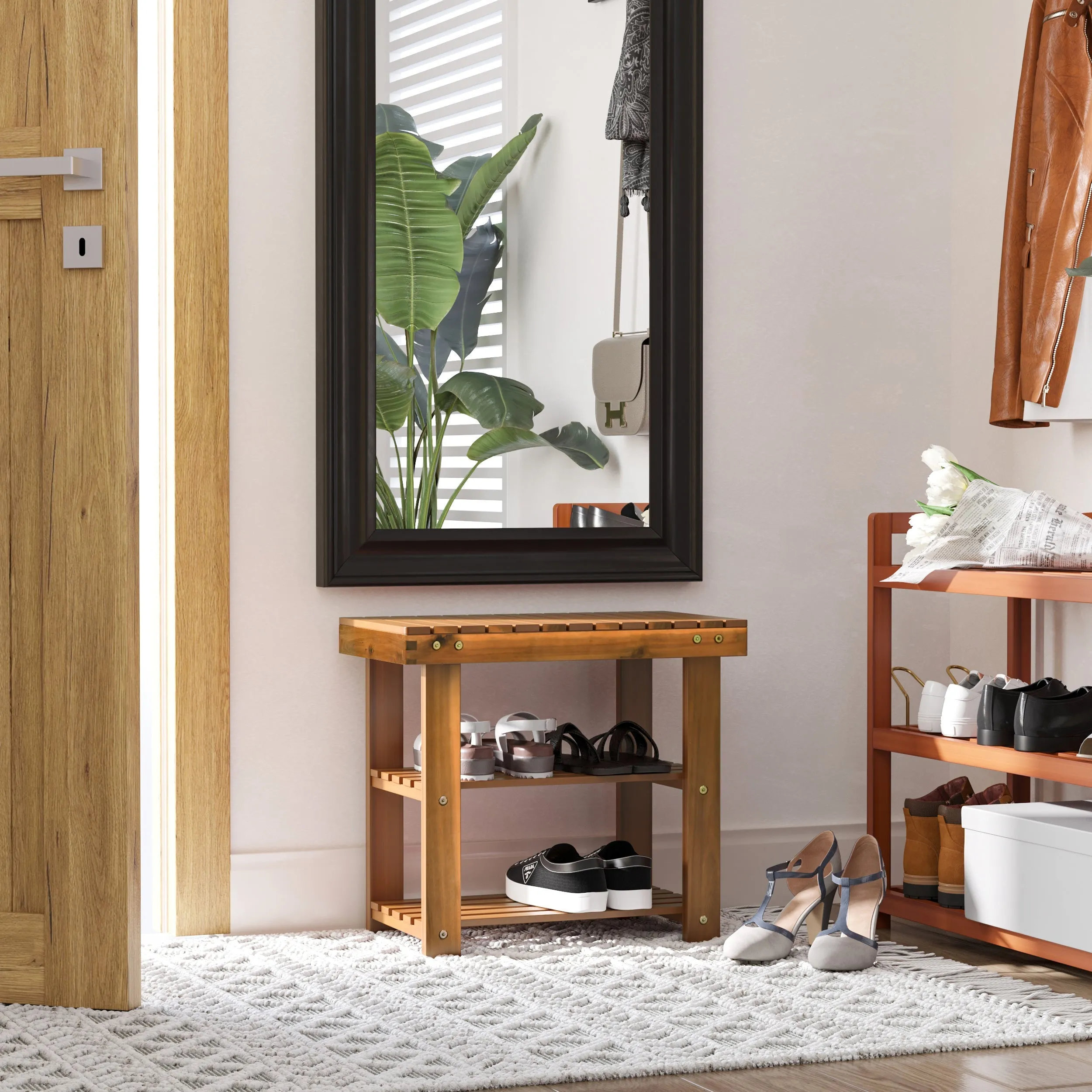 Acacia Wood Shoe Bench 3-Tier Shoe Storage Rack Hallway Organizer Shelf for Entryway Living Room Bedroom 50 x 28 x 45 cm Teak