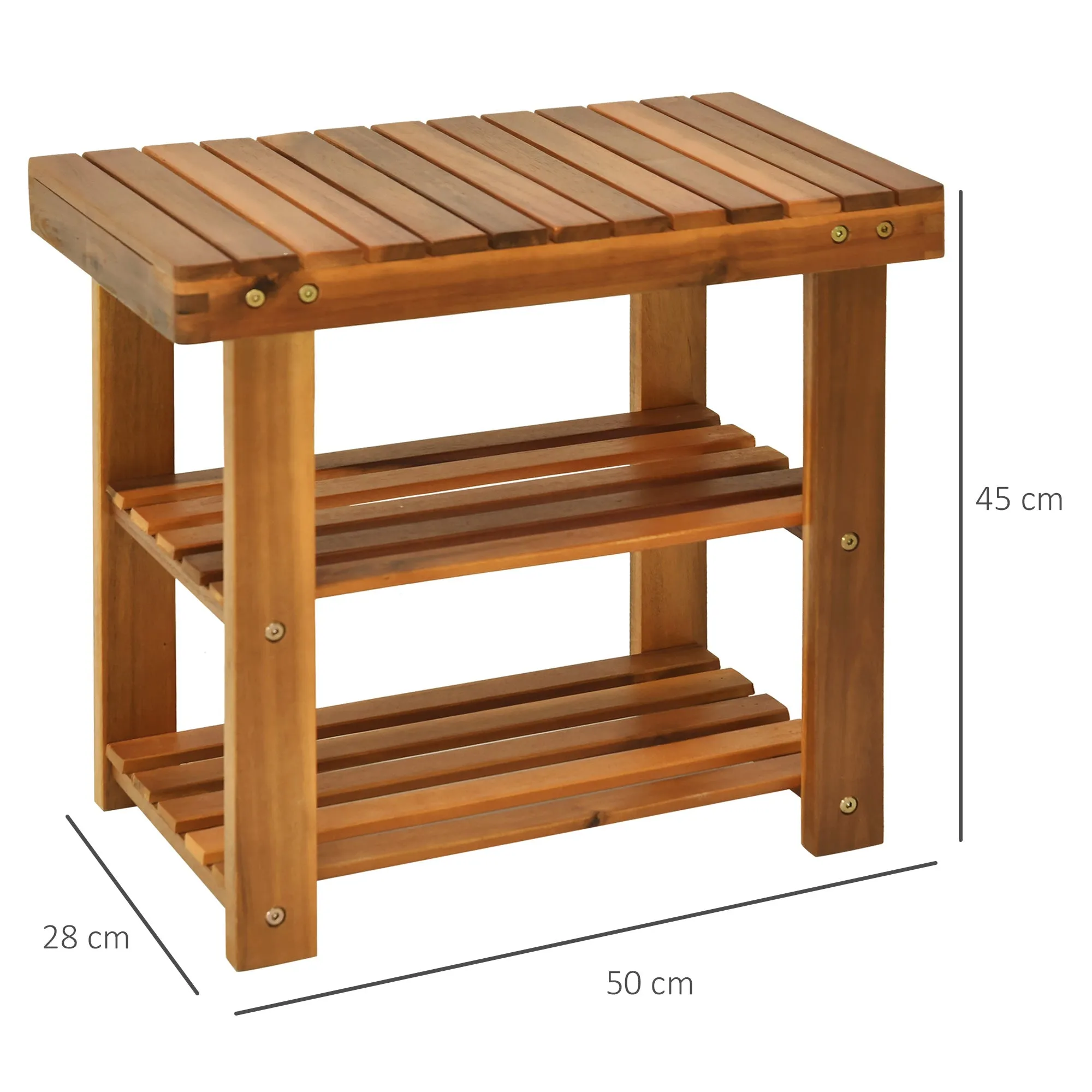 Acacia Wood Shoe Bench 3-Tier Shoe Storage Rack Hallway Organizer Shelf for Entryway Living Room Bedroom 50 x 28 x 45 cm Teak