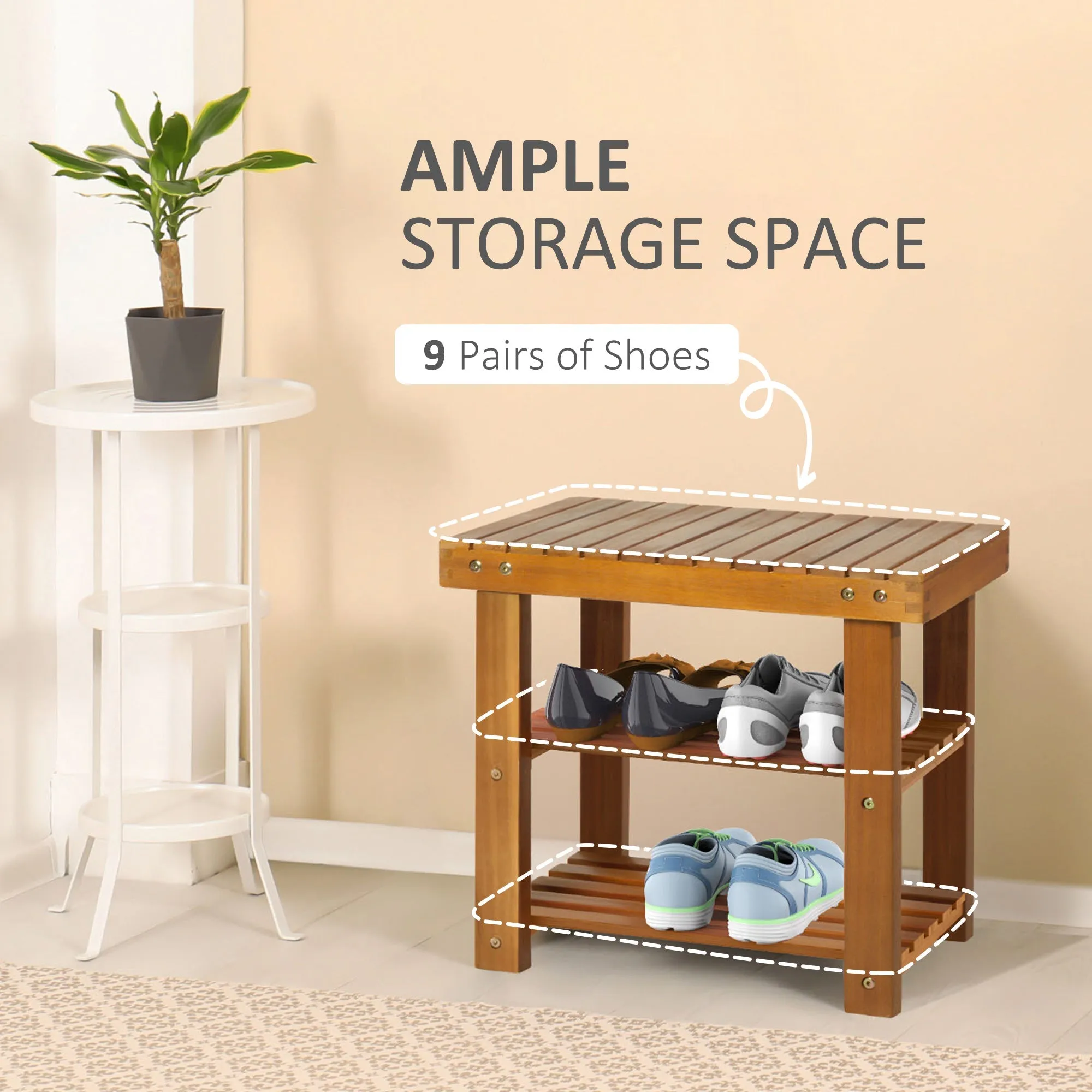 Acacia Wood Shoe Bench 3-Tier Shoe Storage Rack Hallway Organizer Shelf for Entryway Living Room Bedroom 50 x 28 x 45 cm Teak