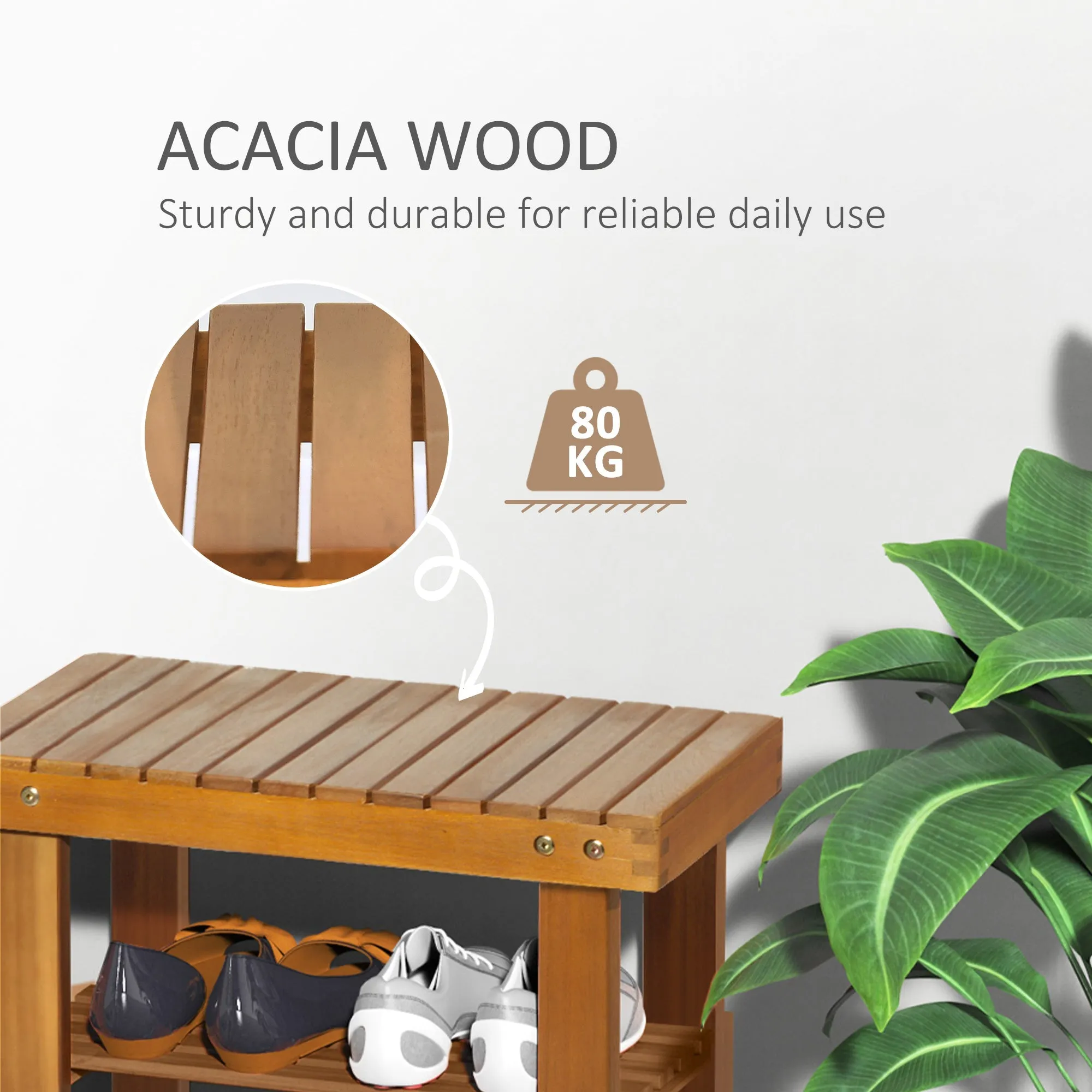 Acacia Wood Shoe Bench 3-Tier Shoe Storage Rack Hallway Organizer Shelf for Entryway Living Room Bedroom 50 x 28 x 45 cm Teak