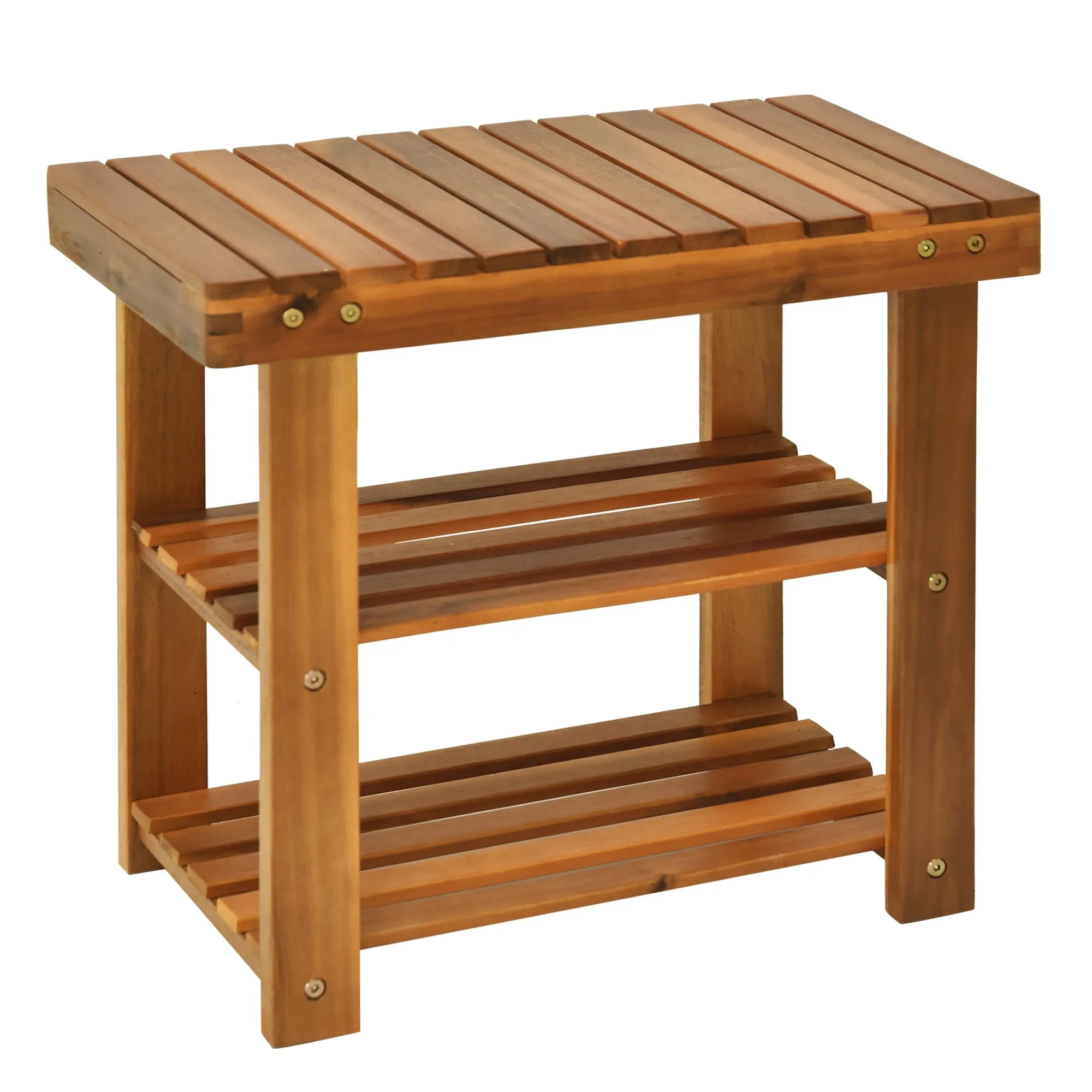 Acacia Wood Shoe Bench 3-Tier Shoe Storage Rack Hallway Organizer Shelf for Entryway Living Room Bedroom 50 x 28 x 45 cm Teak