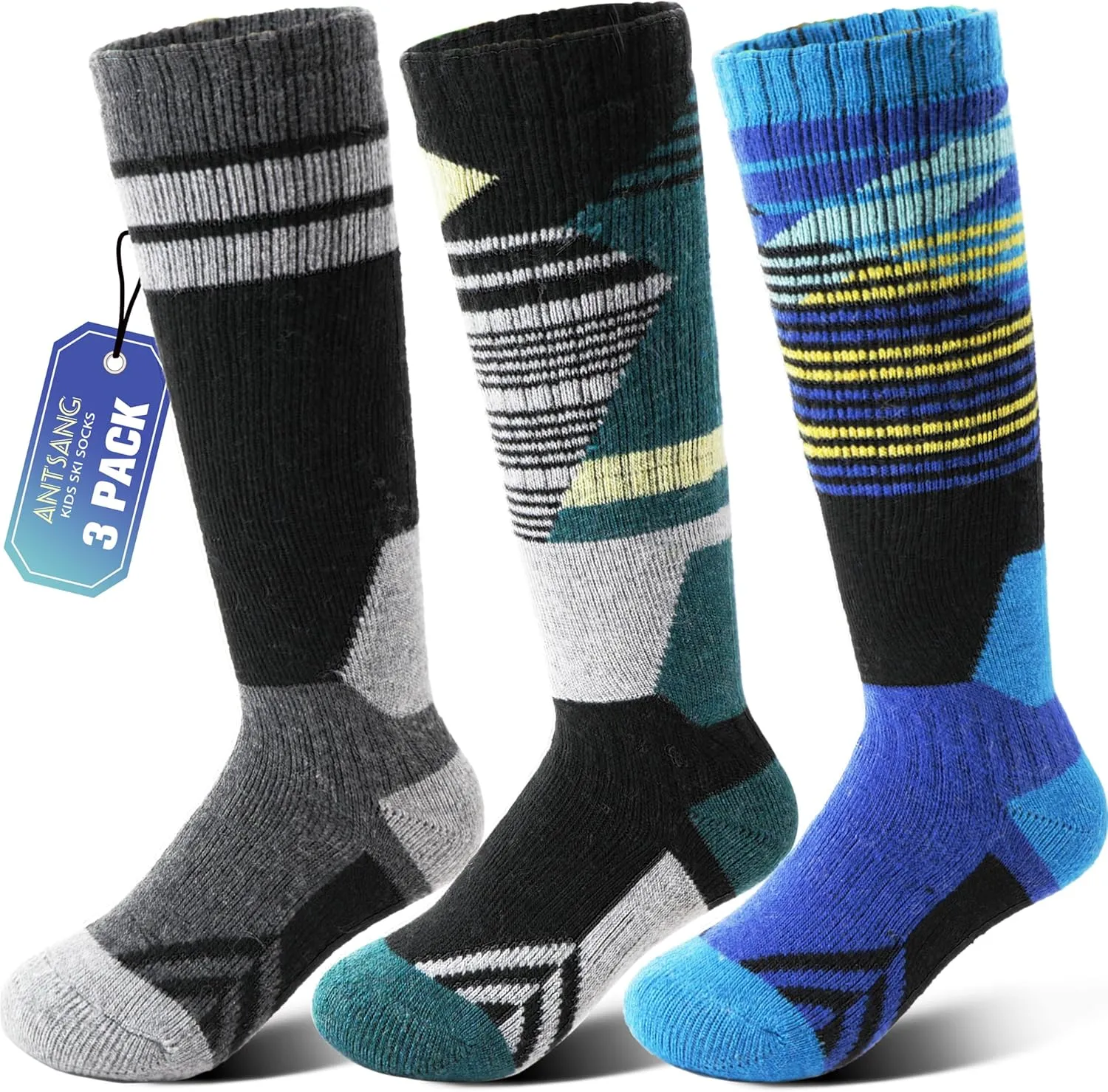 ANTSANG Kids Merino Wool Ski Socks 3 Pairs Boys Girls Thermal Warm Thick Winter Cushioning Socks for Snowboarding Skiing