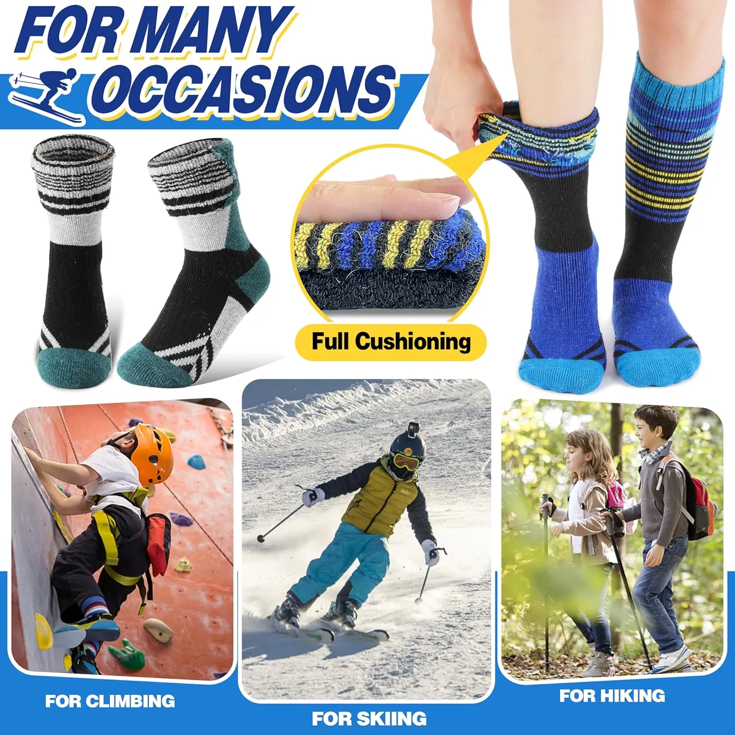 ANTSANG Kids Merino Wool Ski Socks 3 Pairs Boys Girls Thermal Warm Thick Winter Cushioning Socks for Snowboarding Skiing