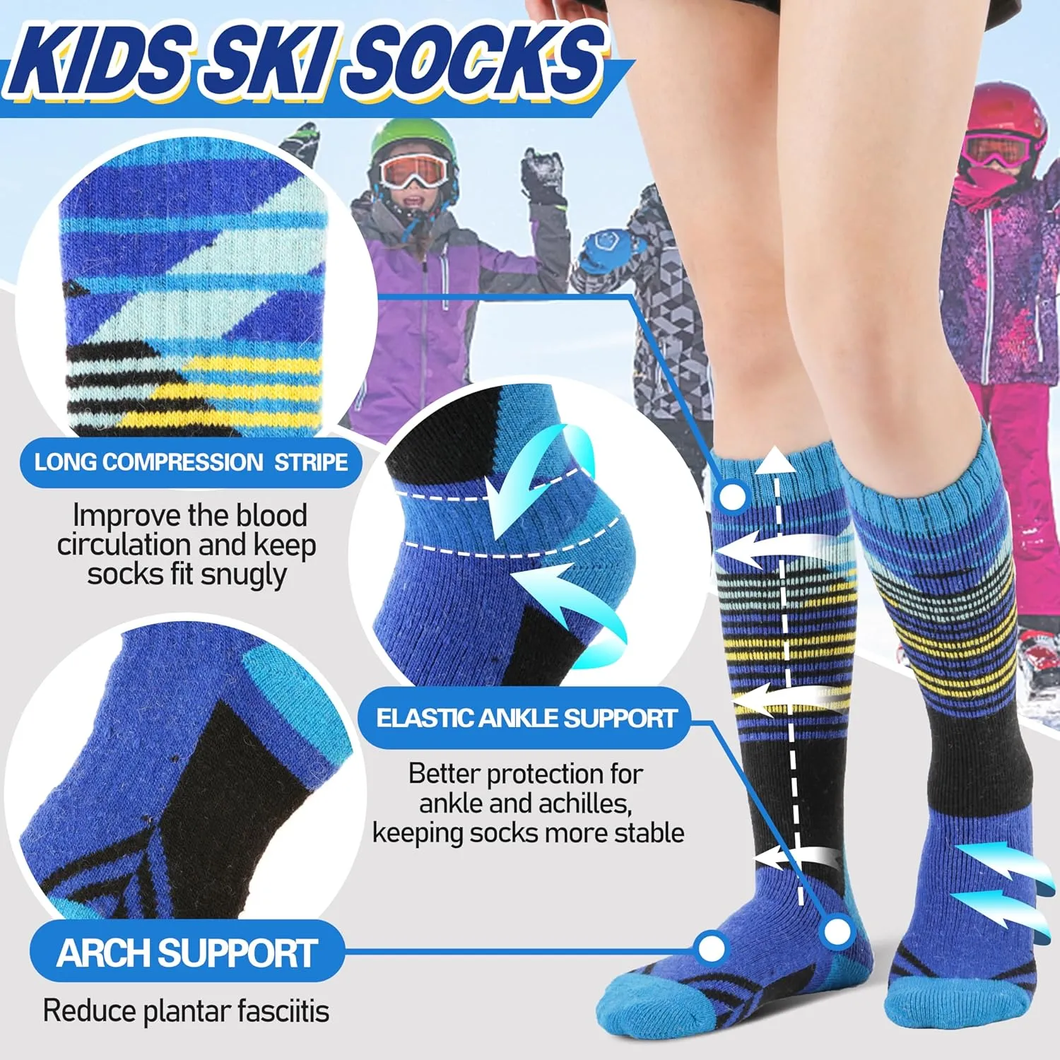 ANTSANG Kids Merino Wool Ski Socks 3 Pairs Boys Girls Thermal Warm Thick Winter Cushioning Socks for Snowboarding Skiing