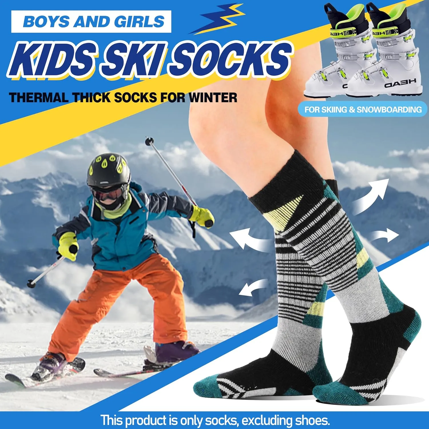 ANTSANG Kids Merino Wool Ski Socks 3 Pairs Boys Girls Thermal Warm Thick Winter Cushioning Socks for Snowboarding Skiing
