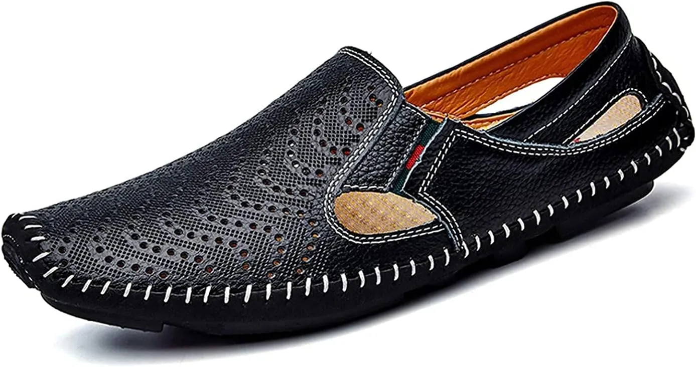 Asifn Mens Leather Driving Loafer Lightweight Slip-on Breathable Walking Boat Shoes Flat Slippers Outdoor Moccasin