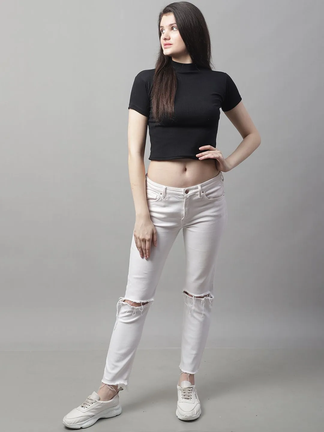 Black Cotton Turtle-Neck Half-Sleeve Crop Top
