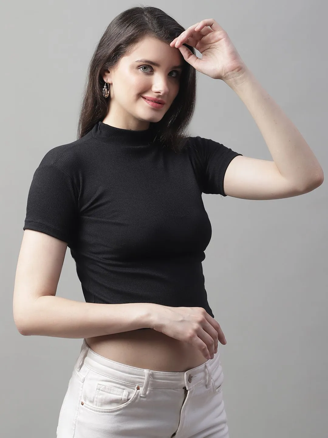 Black Cotton Turtle-Neck Half-Sleeve Crop Top