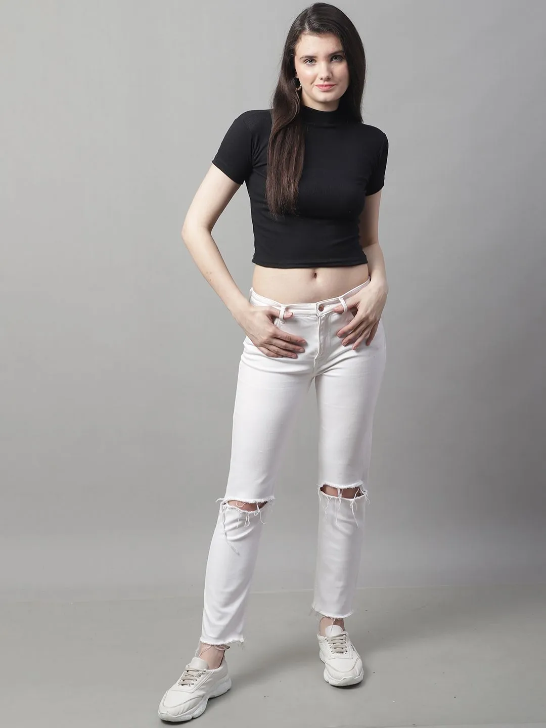 Black Cotton Turtle-Neck Half-Sleeve Crop Top