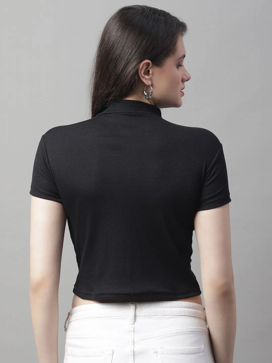 Black Cotton Turtle-Neck Half-Sleeve Crop Top