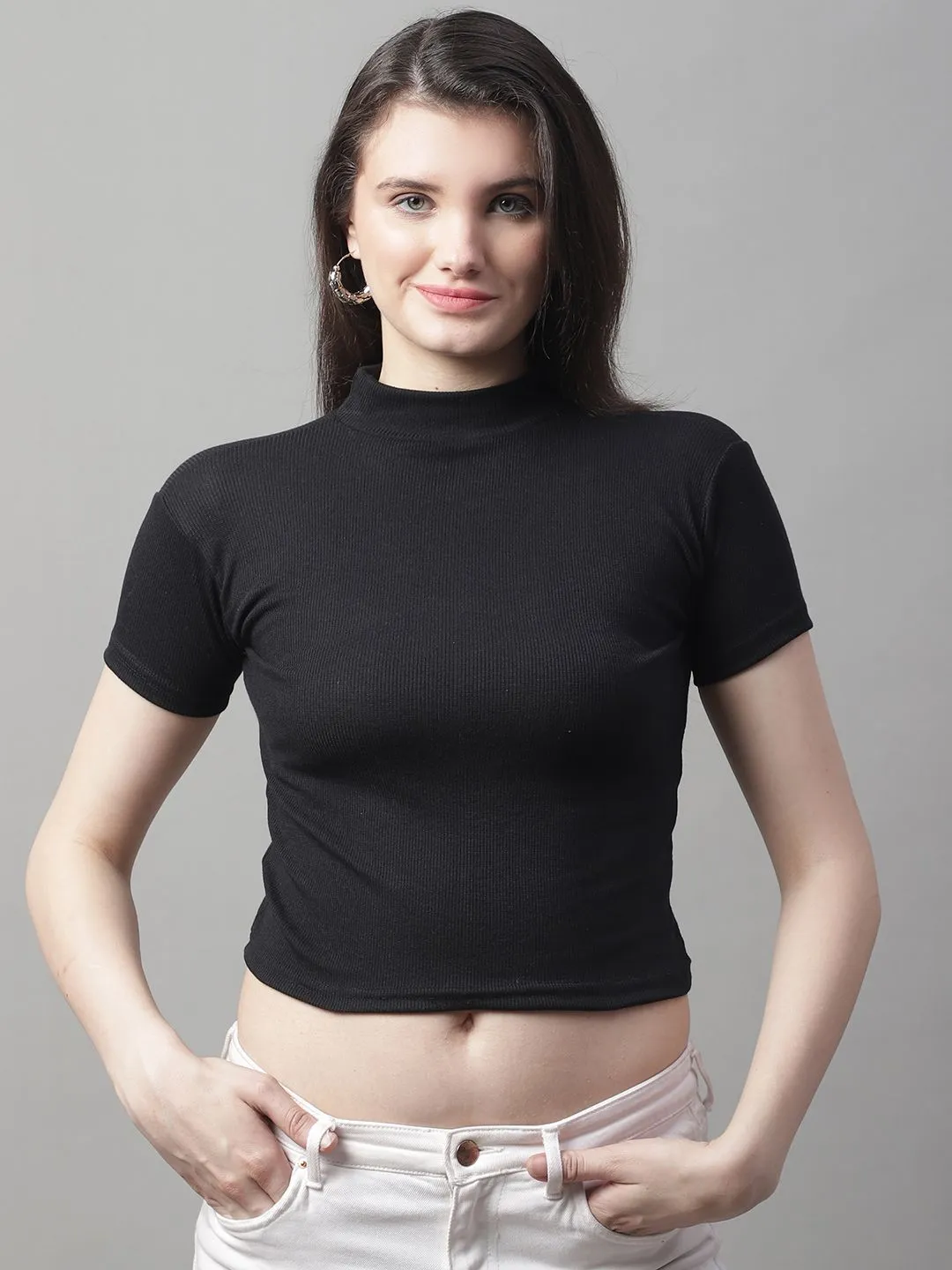 Black Cotton Turtle-Neck Half-Sleeve Crop Top