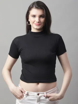 Black Cotton Turtle-Neck Half-Sleeve Crop Top