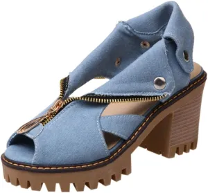 BORAMAX Women High Heel Sandals,Women's Summer Cuffed Denim High Heel Shoes Fish Mouth Open Toe Wedges Sandals Casual Shoes