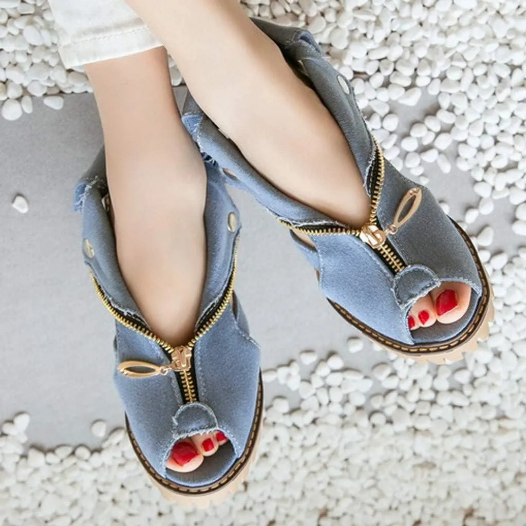 BORAMAX Women High Heel Sandals,Women's Summer Cuffed Denim High Heel Shoes Fish Mouth Open Toe Wedges Sandals Casual Shoes