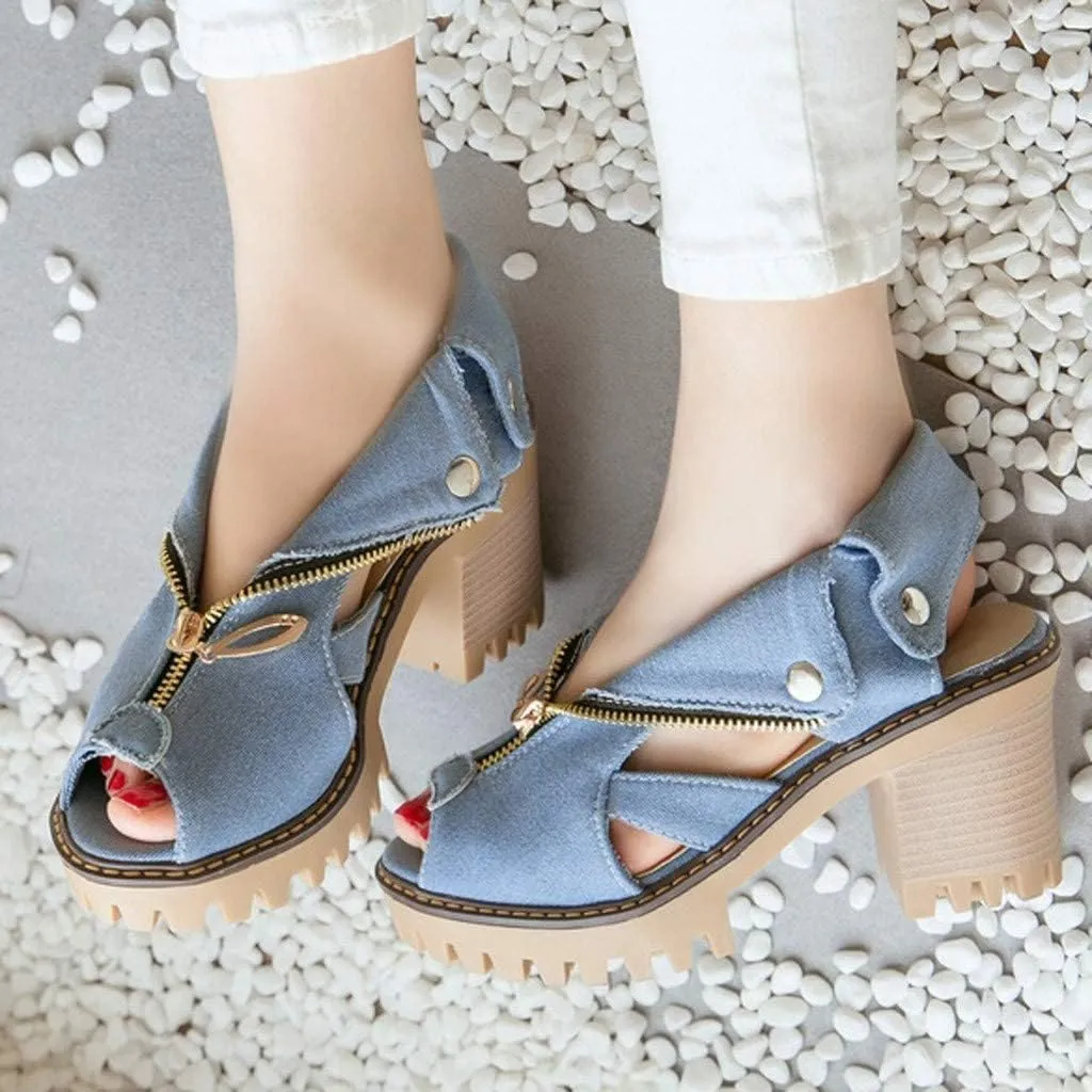 BORAMAX Women High Heel Sandals,Women's Summer Cuffed Denim High Heel Shoes Fish Mouth Open Toe Wedges Sandals Casual Shoes