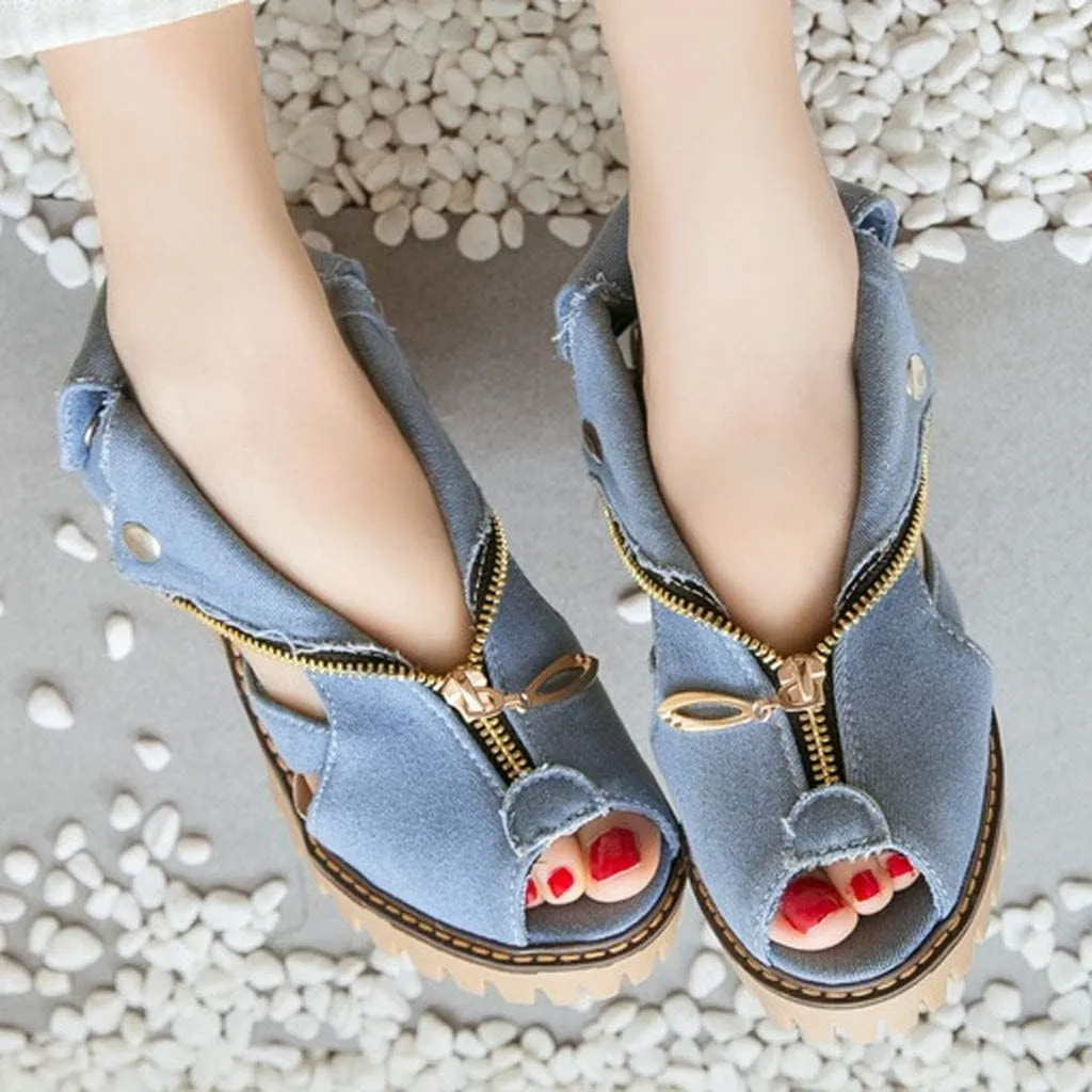 BORAMAX Women High Heel Sandals,Women's Summer Cuffed Denim High Heel Shoes Fish Mouth Open Toe Wedges Sandals Casual Shoes