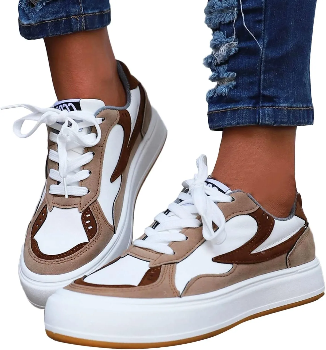 Casual Women's Platform Walking Shoes Colorblock Lace Up Front Skate Shoes Slip Slipper (Khaki, 7.5)