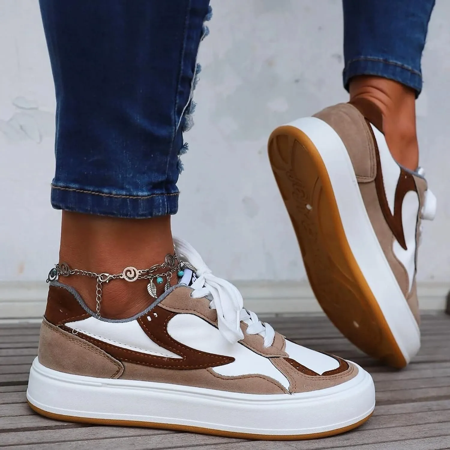 Casual Women's Platform Walking Shoes Colorblock Lace Up Front Skate Shoes Slip Slipper (Khaki, 7.5)