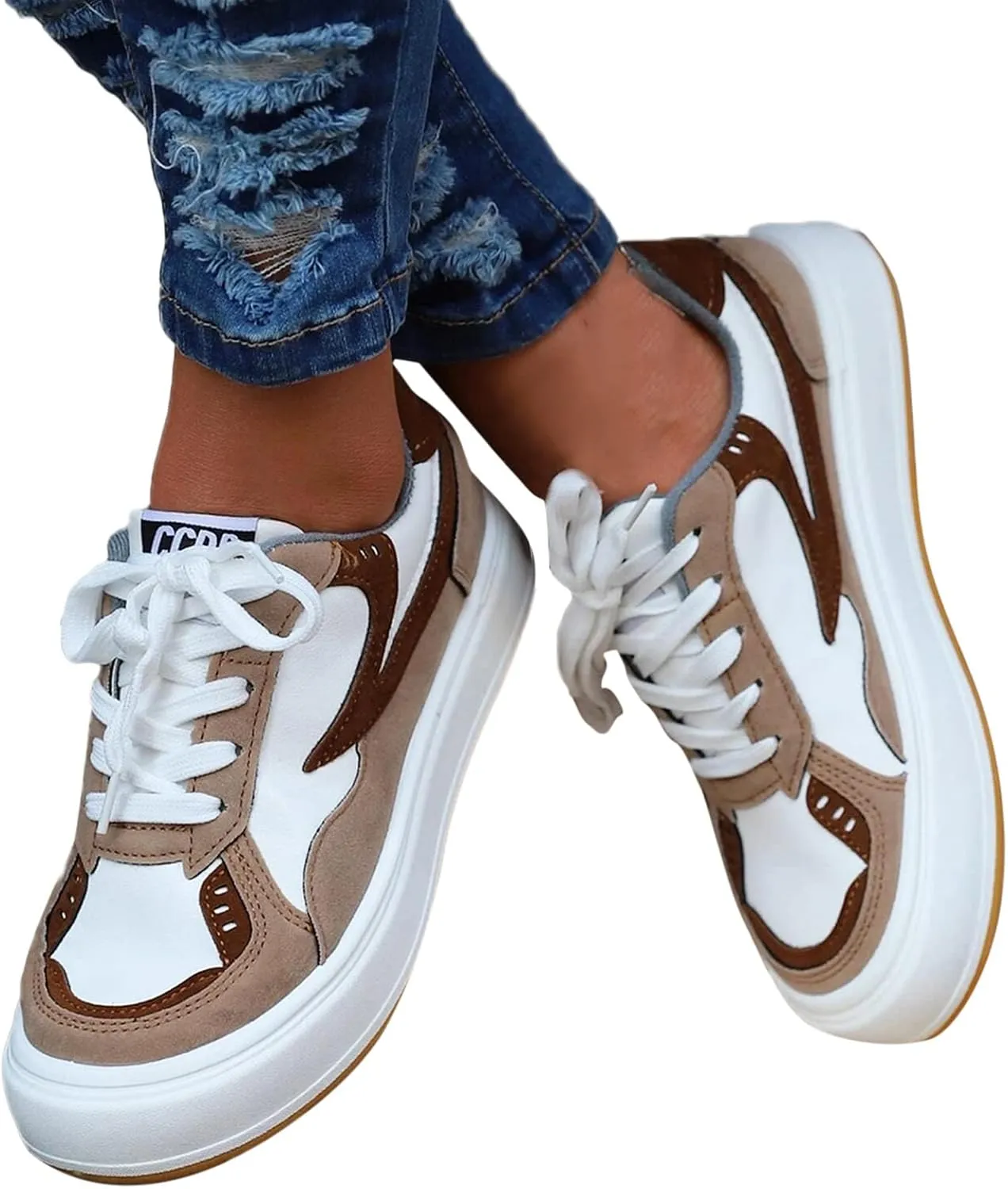 Casual Women's Platform Walking Shoes Colorblock Lace Up Front Skate Shoes Slip Slipper (Khaki, 7.5)