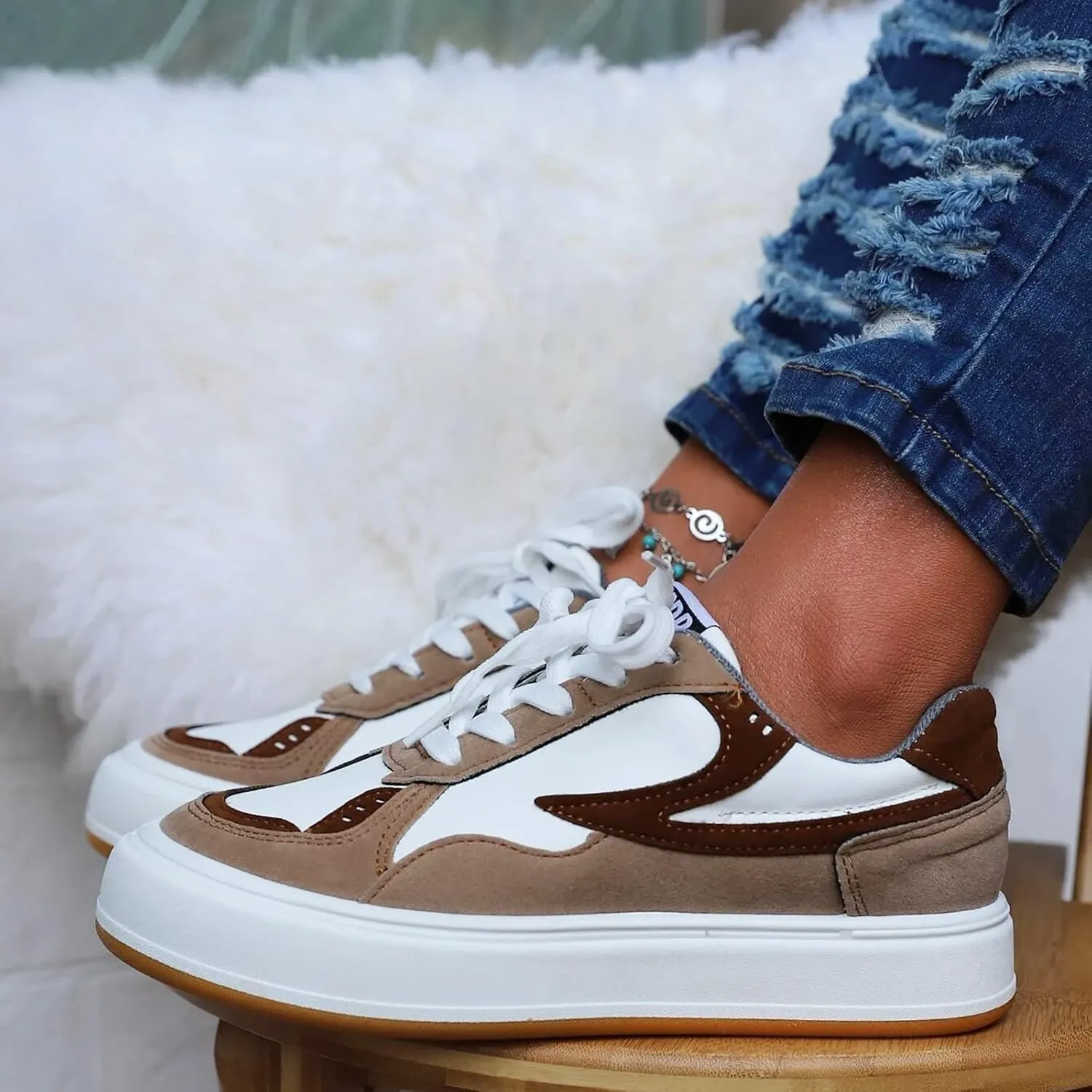 Casual Women's Platform Walking Shoes Colorblock Lace Up Front Skate Shoes Slip Slipper (Khaki, 7.5)