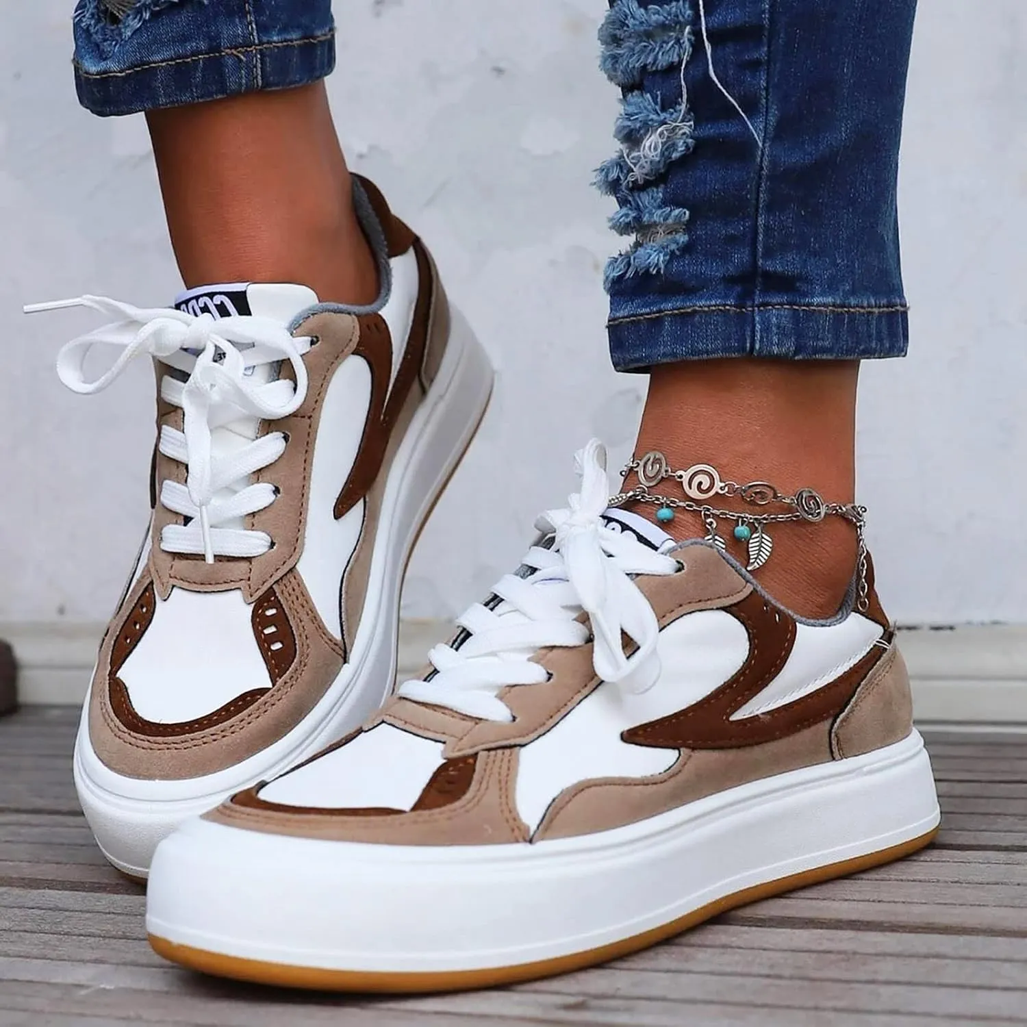 Casual Women's Platform Walking Shoes Colorblock Lace Up Front Skate Shoes Slip Slipper (Khaki, 7.5)