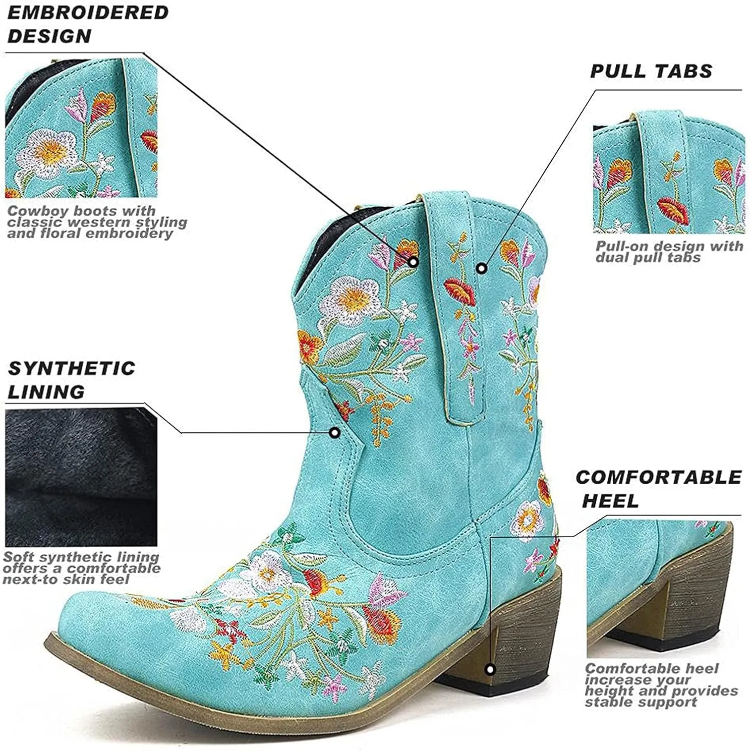 Cowboy Boots for Women Cowgirl Boots Western Fashion Stitched Embroidered Chunky Heels Slip on Black Cowgirl Boots
