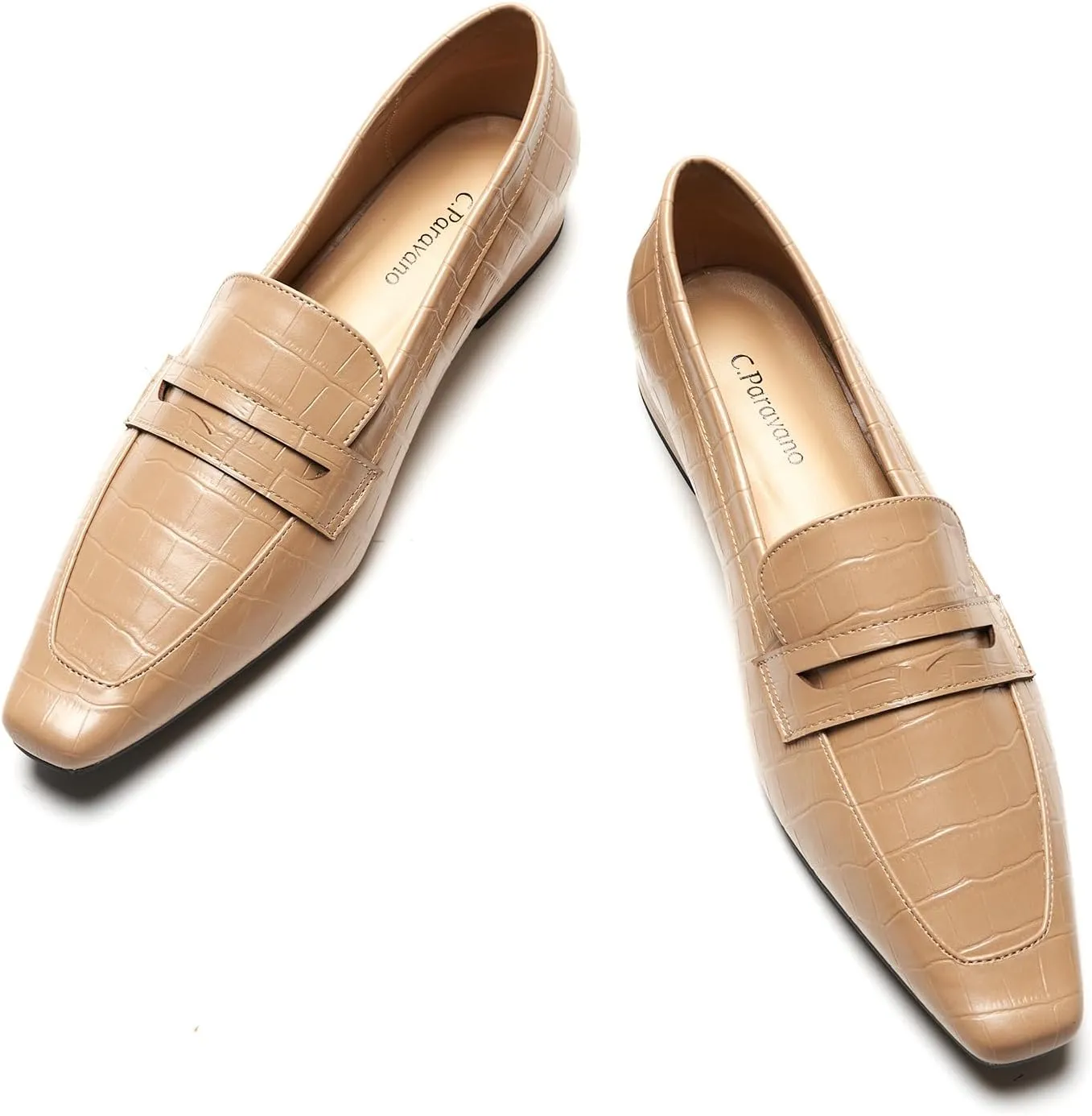 C.Paravano Penny Loafers for Women, Crocodile-Embossed Slip-ons Comfortable Dressy Formal Dress Square Toe Flats Loafer Shoes for Business Casual Wear