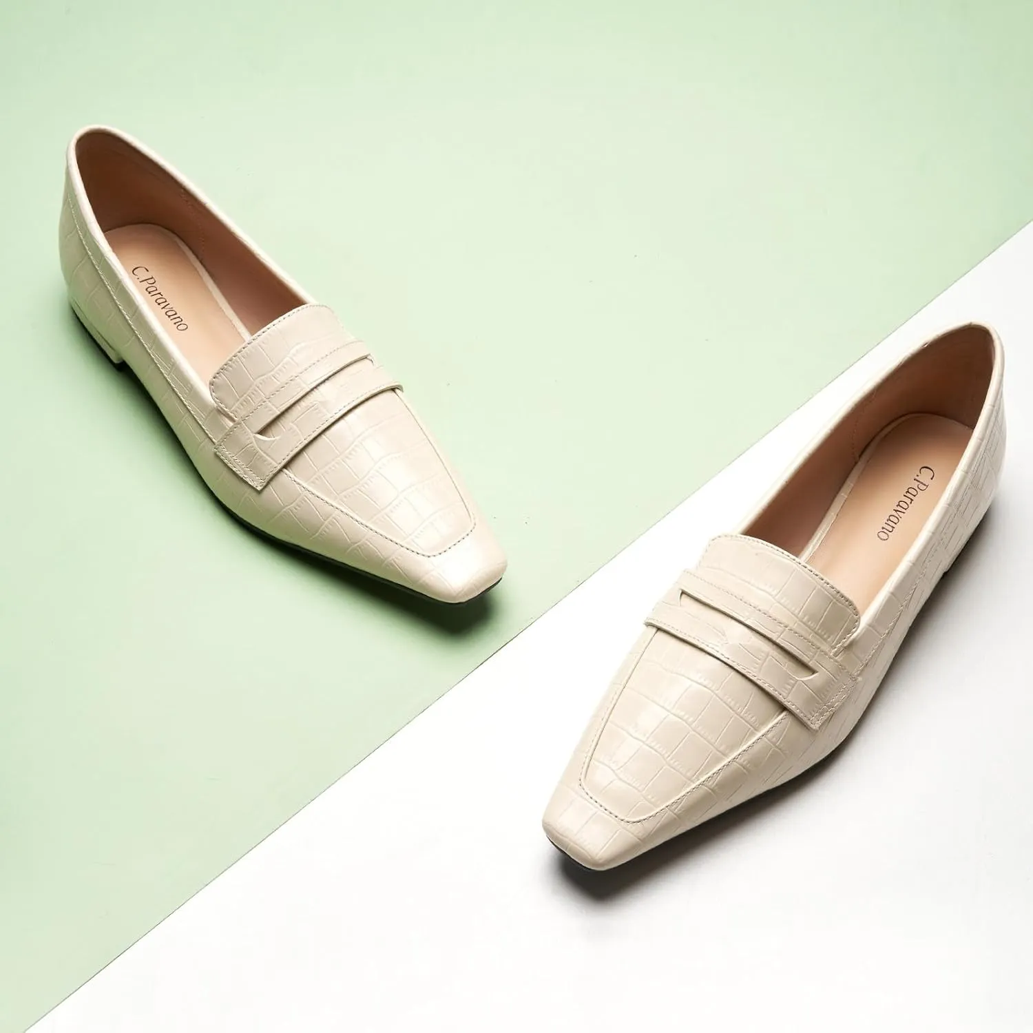 C.Paravano Penny Loafers for Women, Crocodile-Embossed Slip-ons Comfortable Dressy Formal Dress Square Toe Flats Loafer Shoes for Business Casual Wear