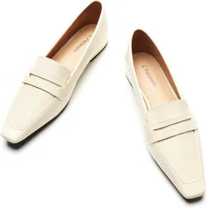 C.Paravano Penny Loafers for Women, Crocodile-Embossed Slip-ons Comfortable Dressy Formal Dress Square Toe Flats Loafer Shoes for Business Casual Wear
