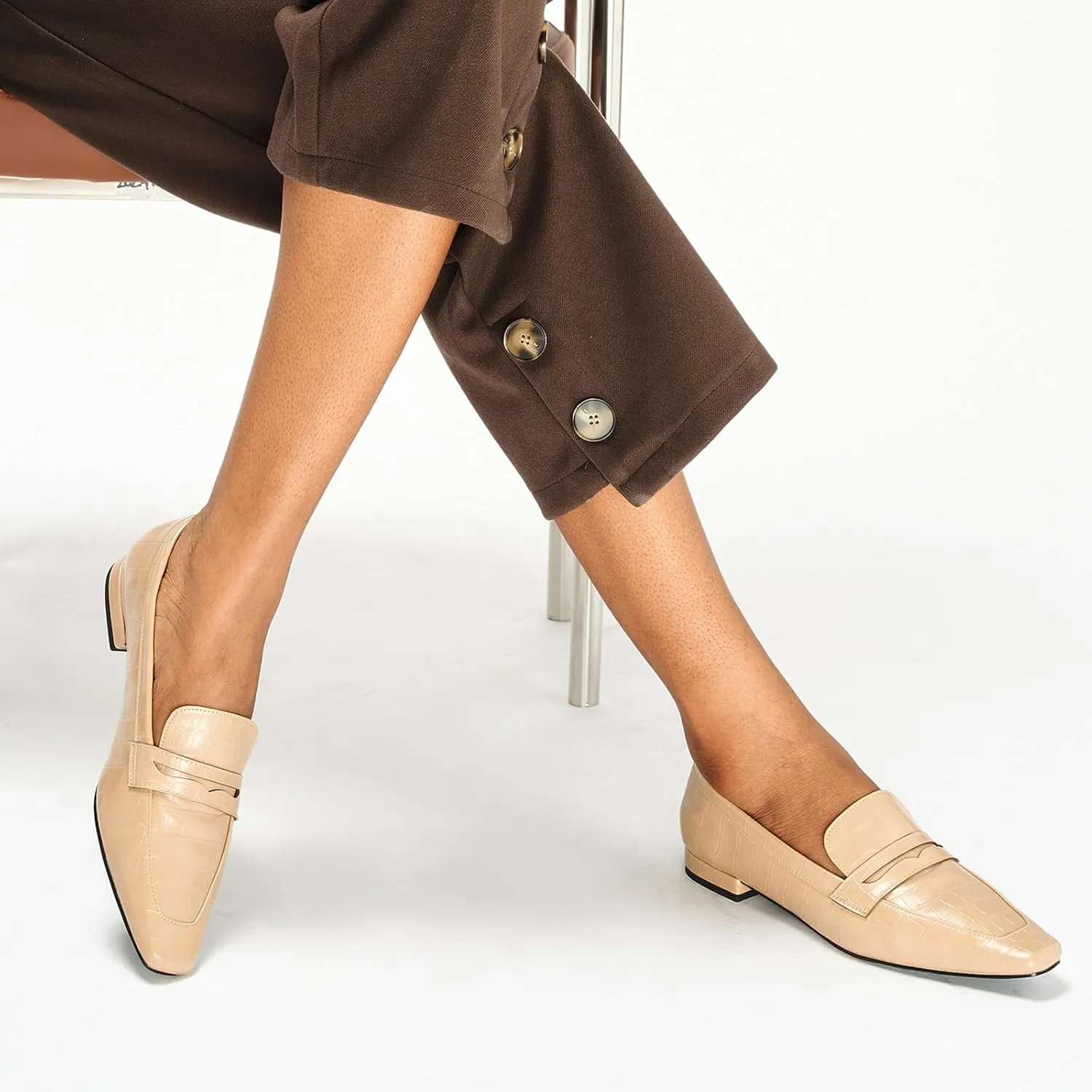 C.Paravano Penny Loafers for Women, Crocodile-Embossed Slip-ons Comfortable Dressy Formal Dress Square Toe Flats Loafer Shoes for Business Casual Wear
