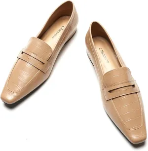 C.Paravano Penny Loafers for Women, Crocodile-Embossed Slip-ons Comfortable Dressy Formal Dress Square Toe Flats Loafer Shoes for Business Casual Wear