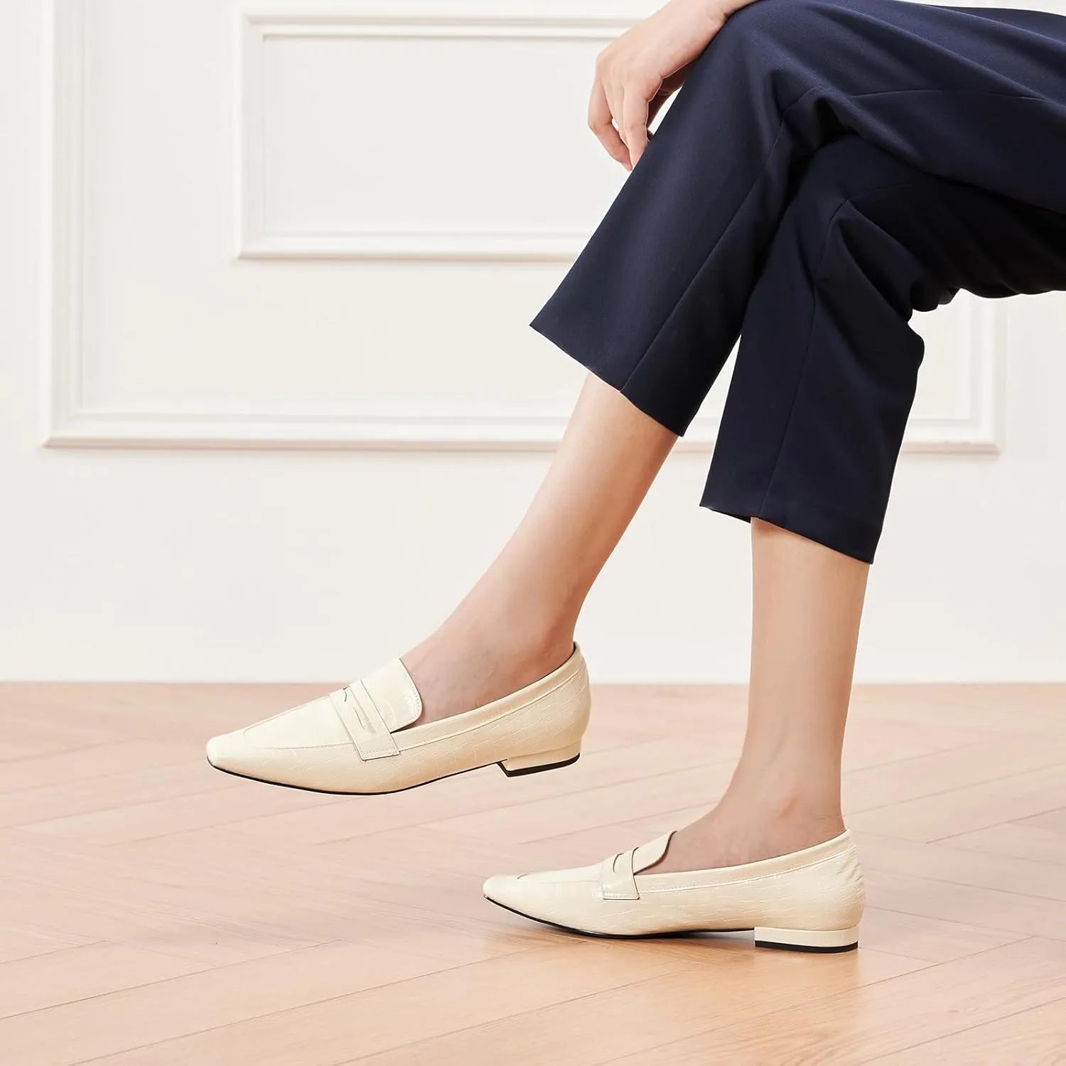 C.Paravano Penny Loafers for Women, Crocodile-Embossed Slip-ons Comfortable Dressy Formal Dress Square Toe Flats Loafer Shoes for Business Casual Wear