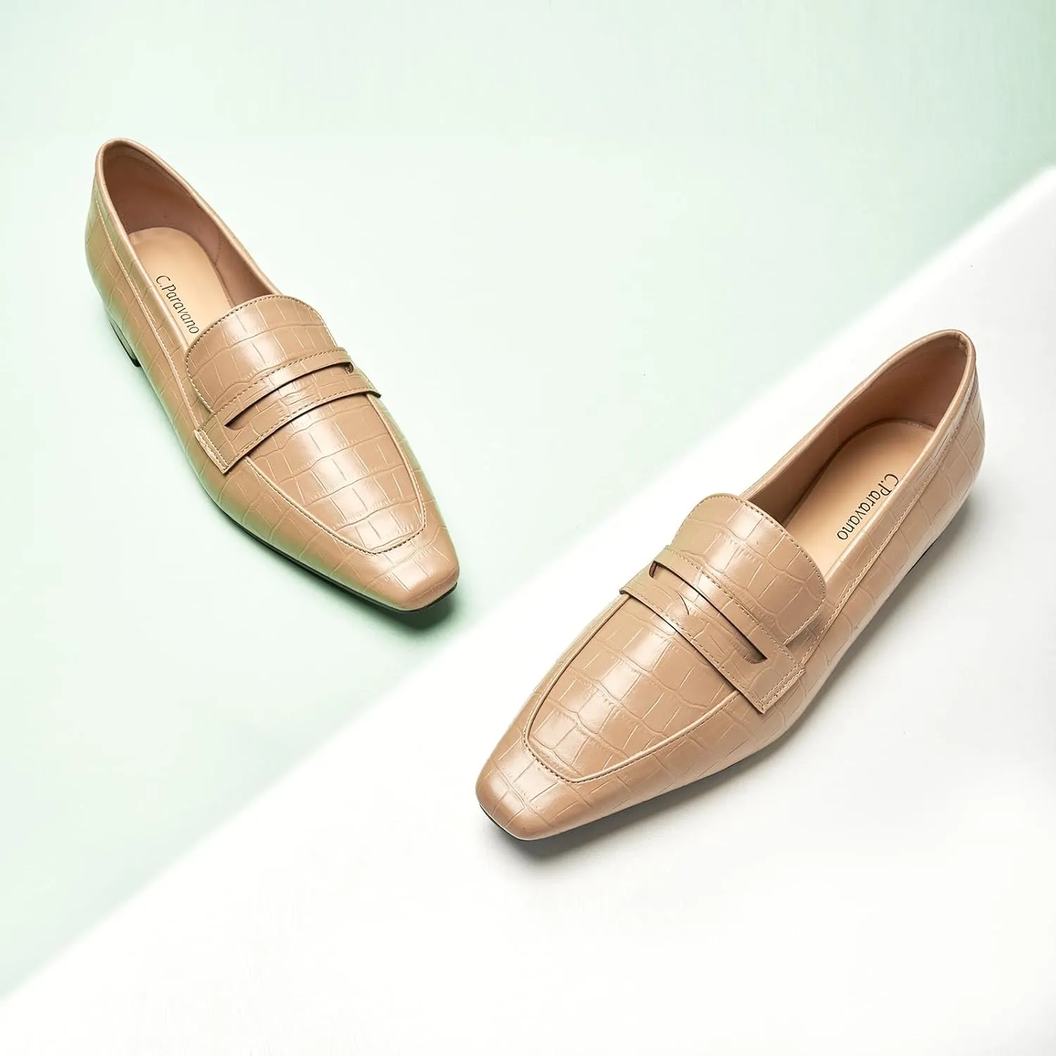 C.Paravano Penny Loafers for Women, Crocodile-Embossed Slip-ons Comfortable Dressy Formal Dress Square Toe Flats Loafer Shoes for Business Casual Wear