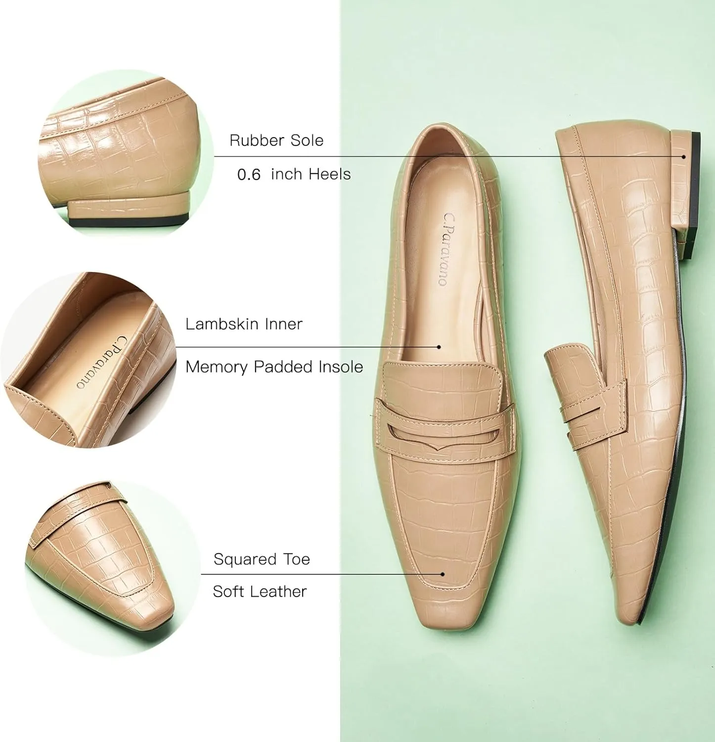 C.Paravano Penny Loafers for Women, Crocodile-Embossed Slip-ons Comfortable Dressy Formal Dress Square Toe Flats Loafer Shoes for Business Casual Wear