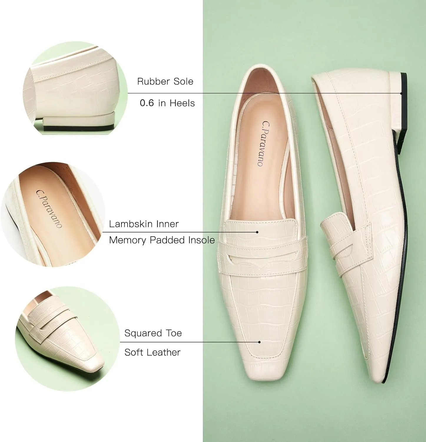 C.Paravano Penny Loafers for Women, Crocodile-Embossed Slip-ons Comfortable Dressy Formal Dress Square Toe Flats Loafer Shoes for Business Casual Wear