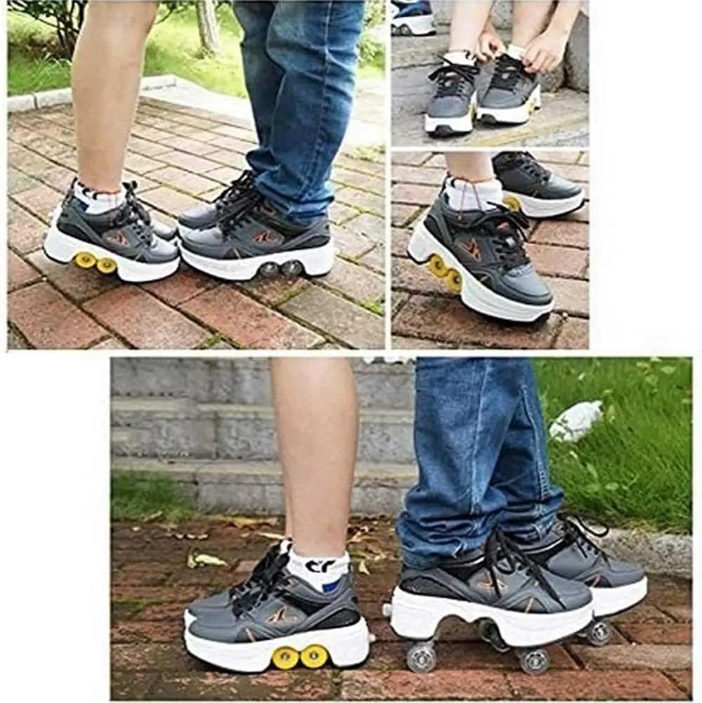 Deformation Roller Shoes Male and Female Skating Shoes 2-in-1 Parkour Shoes/Inline Roller Skating Shoes Invisible Roller Skate with Double-Row Deform Wheel Outdoor Sports Kick Rollershoes