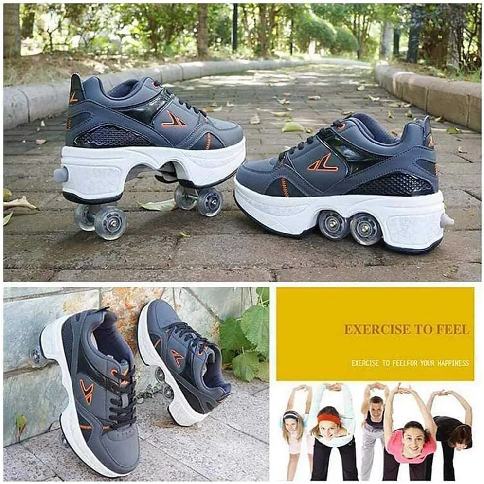 Deformation Roller Shoes Male and Female Skating Shoes 2-in-1 Parkour Shoes/Inline Roller Skating Shoes Invisible Roller Skate with Double-Row Deform Wheel Outdoor Sports Kick Rollershoes
