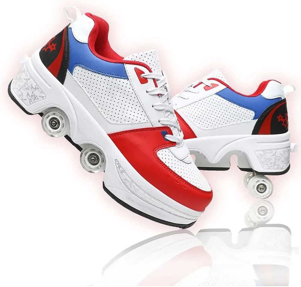 Deformation Roller Shoes Male and Female Skating Shoes 2-in-1 Parkour Shoes/Inline Roller Skating Shoes Invisible Roller Skate with Double-Row Deform Wheel Outdoor Sports Kick Rollershoes