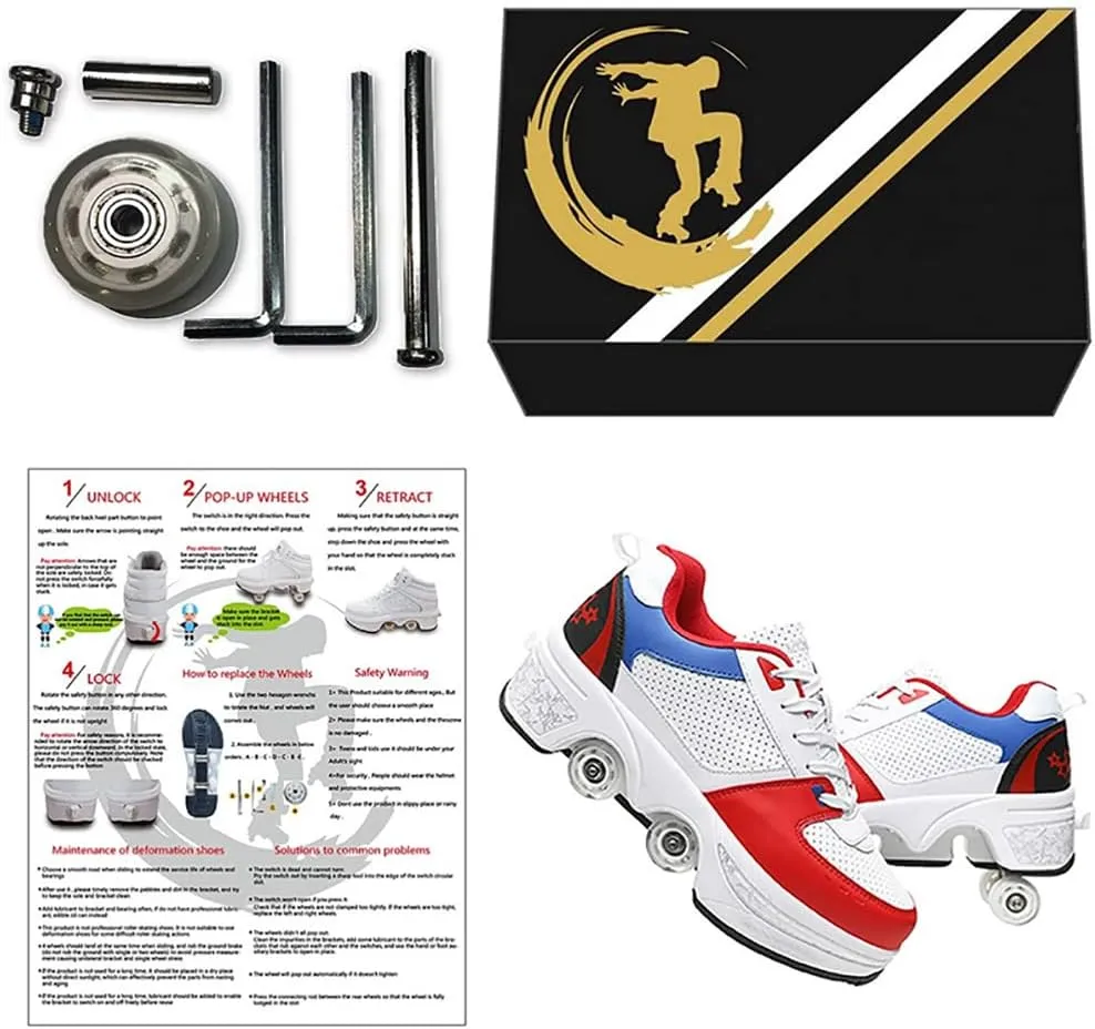 Deformation Roller Shoes Male and Female Skating Shoes 2-in-1 Parkour Shoes/Inline Roller Skating Shoes Invisible Roller Skate with Double-Row Deform Wheel Outdoor Sports Kick Rollershoes