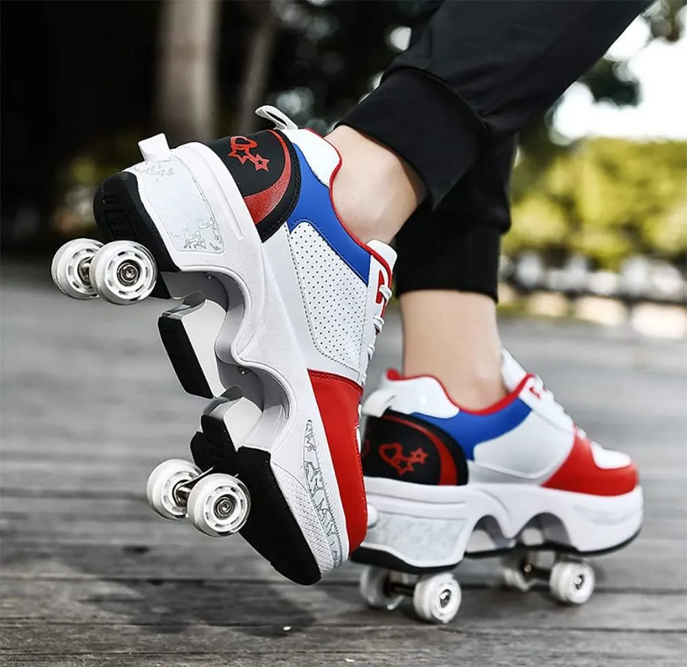 Deformation Roller Shoes Male and Female Skating Shoes 2-in-1 Parkour Shoes/Inline Roller Skating Shoes Invisible Roller Skate with Double-Row Deform Wheel Outdoor Sports Kick Rollershoes