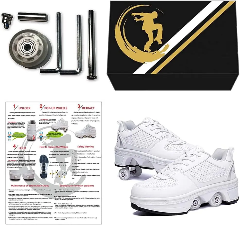 Deformation Roller Shoes Male and Female Skating Shoes 2-in-1 Parkour Shoes/Inline Roller Skating Shoes Invisible Roller Skate with Double-Row Deform Wheel Outdoor Sports Kick Rollershoes