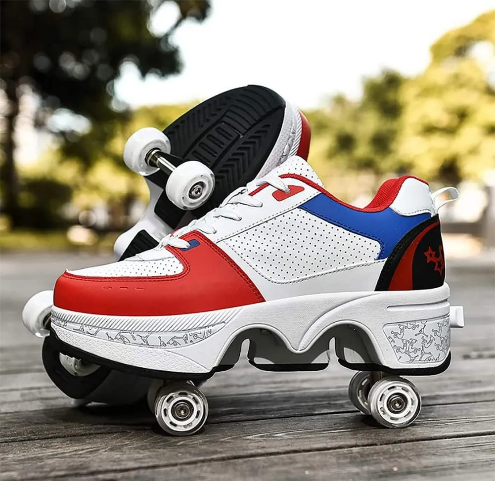 Deformation Roller Shoes Male and Female Skating Shoes 2-in-1 Parkour Shoes/Inline Roller Skating Shoes Invisible Roller Skate with Double-Row Deform Wheel Outdoor Sports Kick Rollershoes