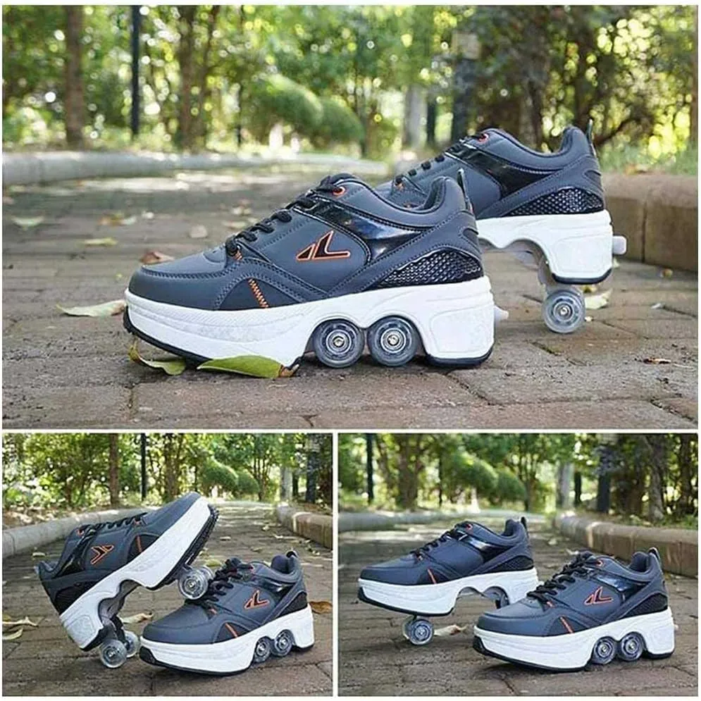 Deformation Roller Shoes Male and Female Skating Shoes 2-in-1 Parkour Shoes/Inline Roller Skating Shoes Invisible Roller Skate with Double-Row Deform Wheel Outdoor Sports Kick Rollershoes