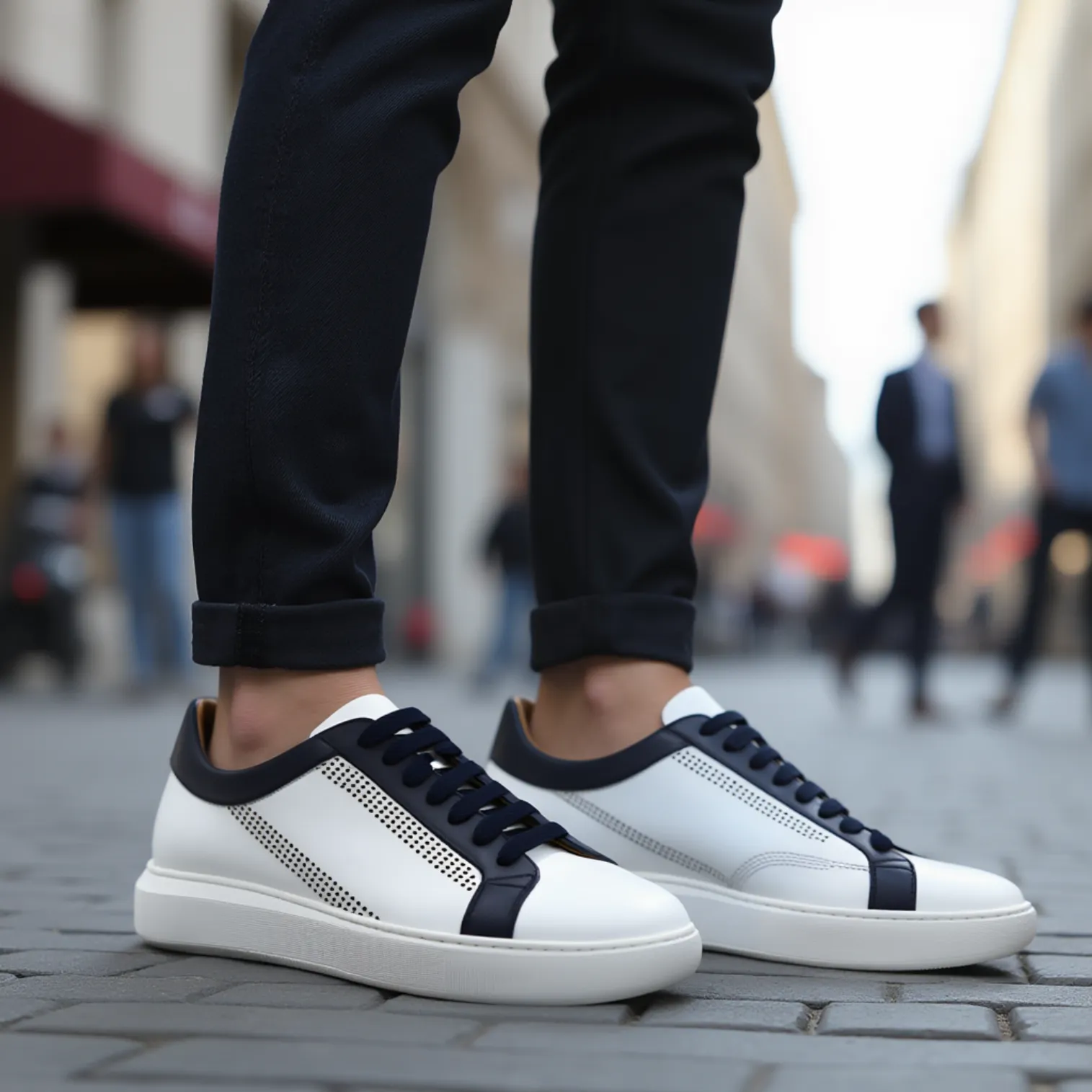 Donatello Deron Men's Shoes White & Blue Calf-Skin Leather Casual Sneakers (DON1001)