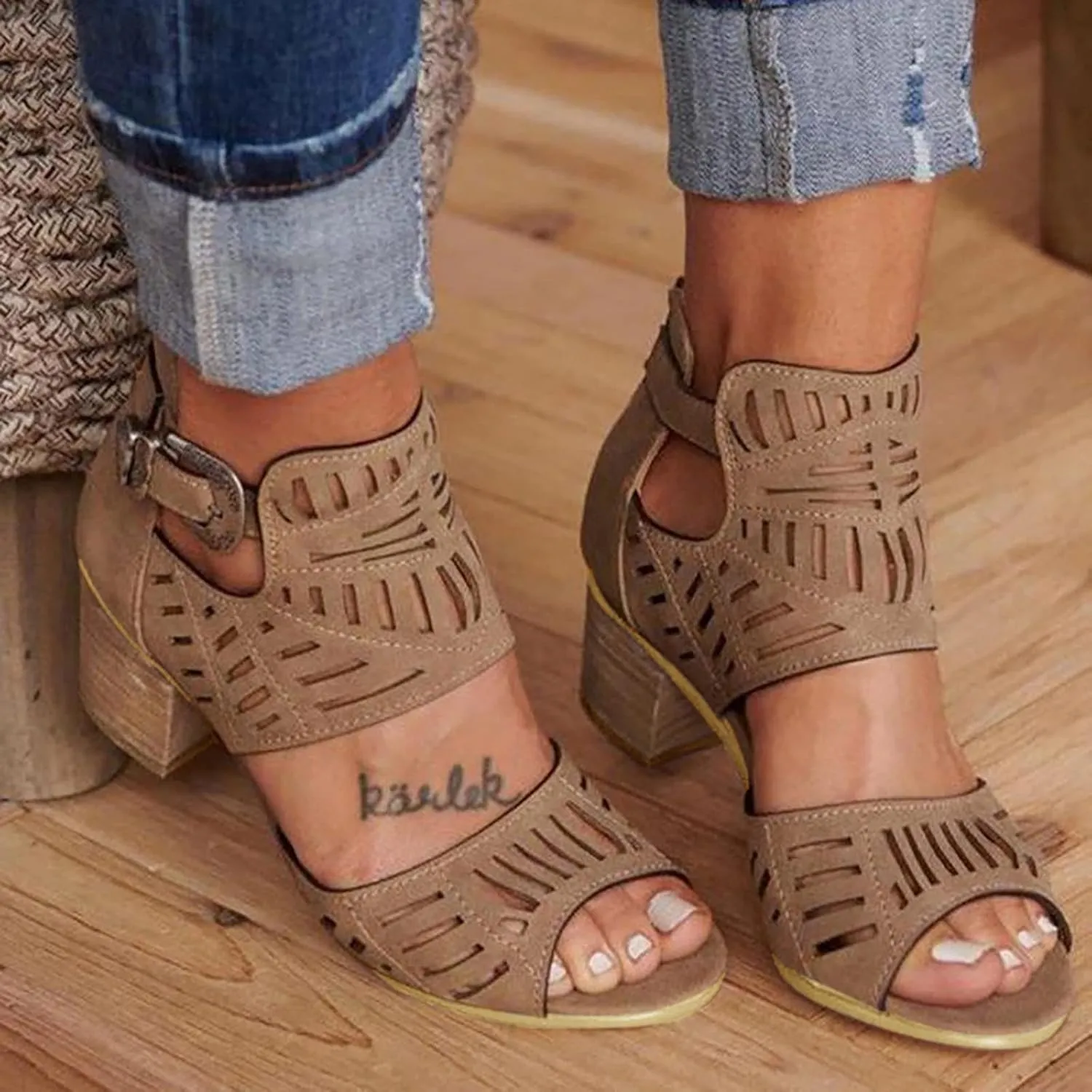 Eduavar Summer Sandals for Women, Sandals Women Breathable Hollow Out Sandals Boots Summer Chunky Heel Sandals Shoes