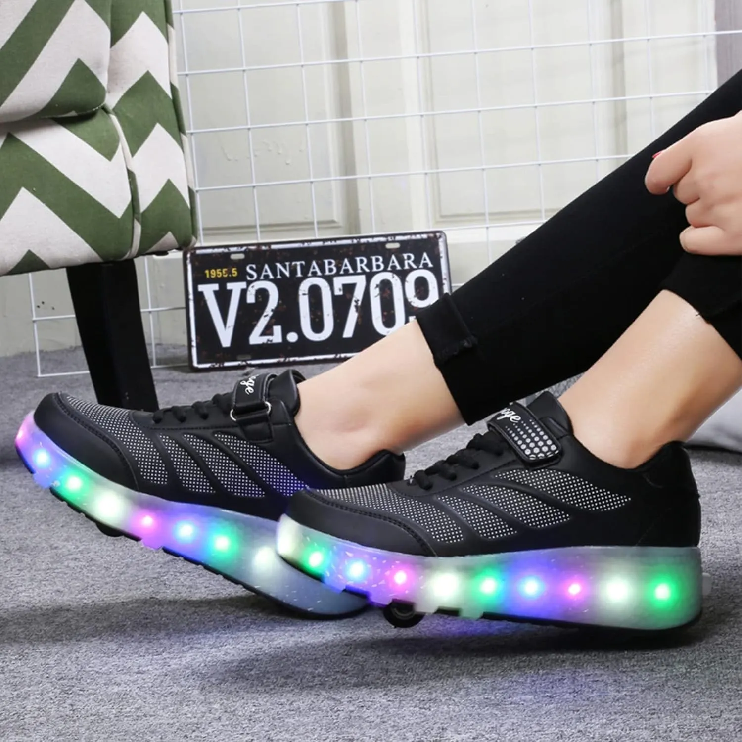 EMDPBD LED Roller Skates with Double Wheels for Kids USB Rechargeable Shoes Retractable Roller Skates Sneakers Shoes for Girls Boys,Black-1.5LittleKid