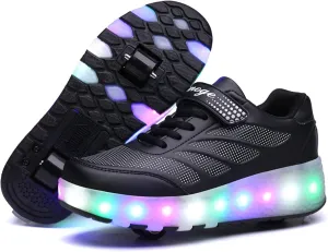 EMDPBD LED Roller Skates with Double Wheels for Kids USB Rechargeable Shoes Retractable Roller Skates Sneakers Shoes for Girls Boys,Black-1.5LittleKid
