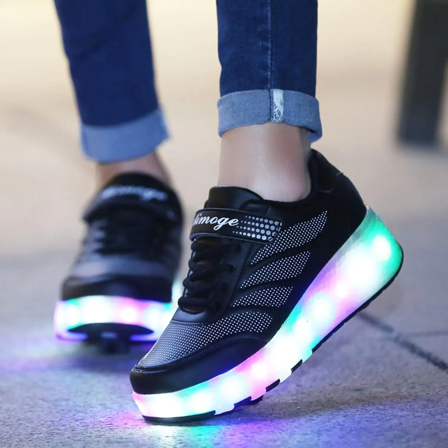 EMDPBD LED Roller Skates with Double Wheels for Kids USB Rechargeable Shoes Retractable Roller Skates Sneakers Shoes for Girls Boys,Black-1.5LittleKid