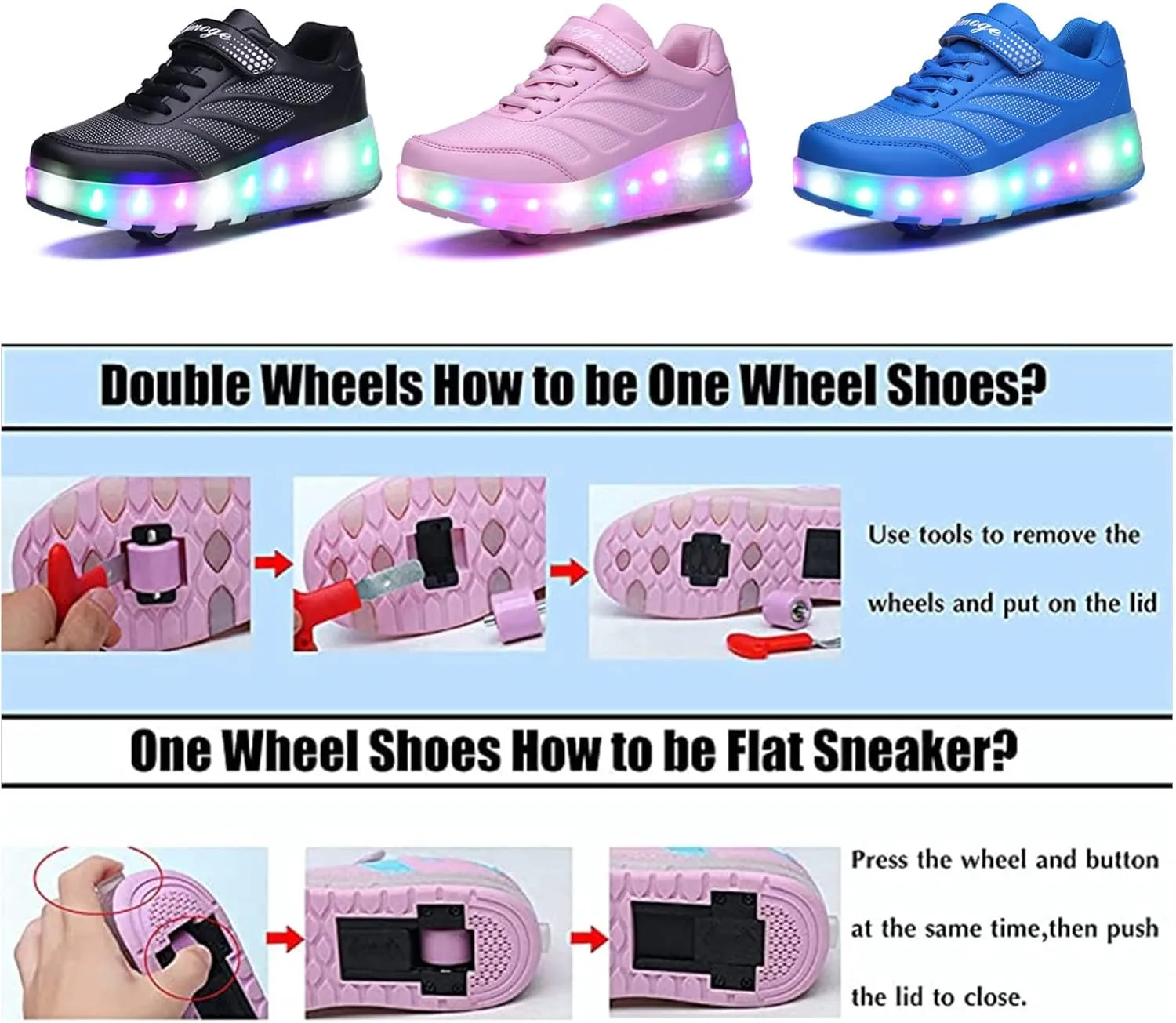 EMDPBD LED Roller Skates with Double Wheels for Kids USB Rechargeable Shoes Retractable Roller Skates Sneakers Shoes for Girls Boys,Black-1.5LittleKid